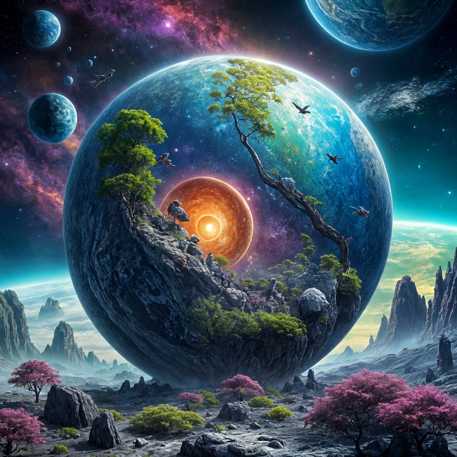 Vibrant Planet with Birds on Rocky World