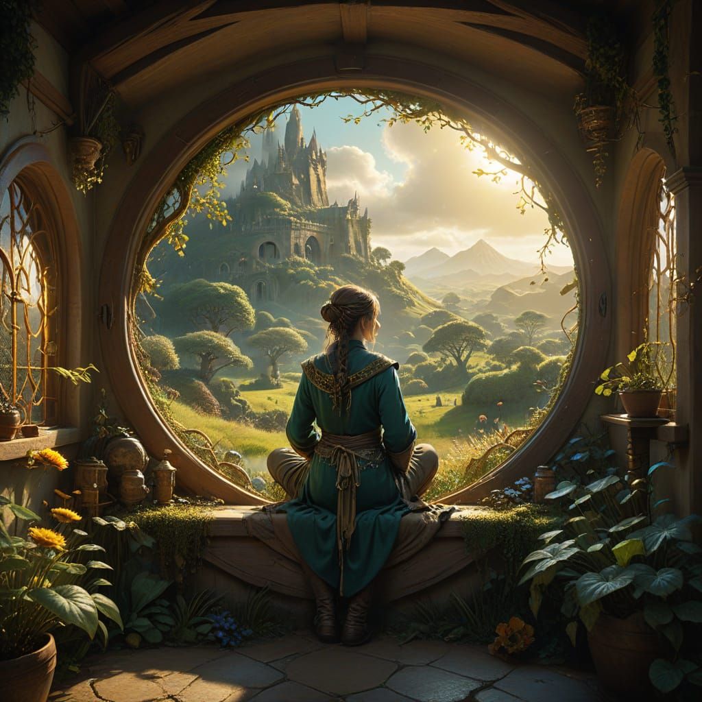 Hobbit Gazing Out at Morning in Enchanted Hobbiton