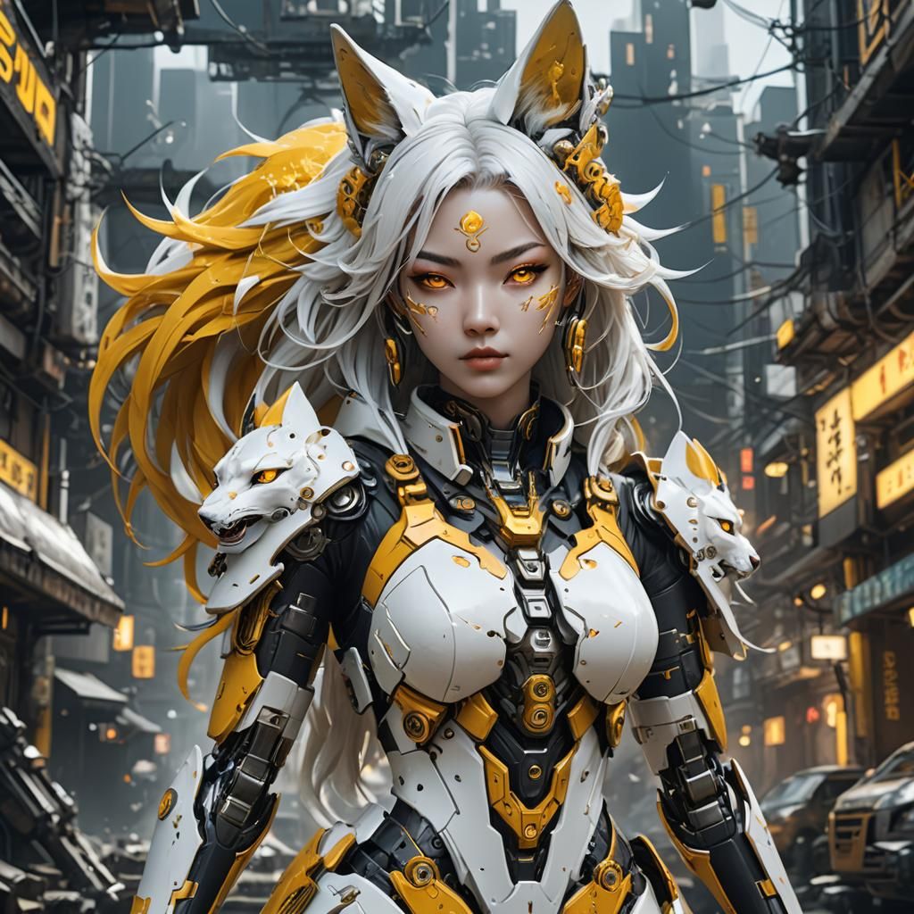 Kitsune Cyborg Girl: Detailed Matte Painting