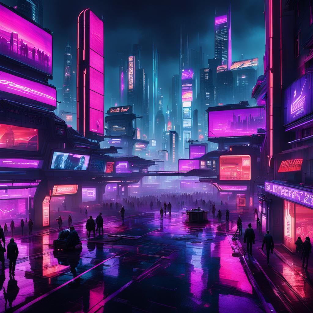 Cyberpunk Cityscape with Neon Lights and Futuristic Screens