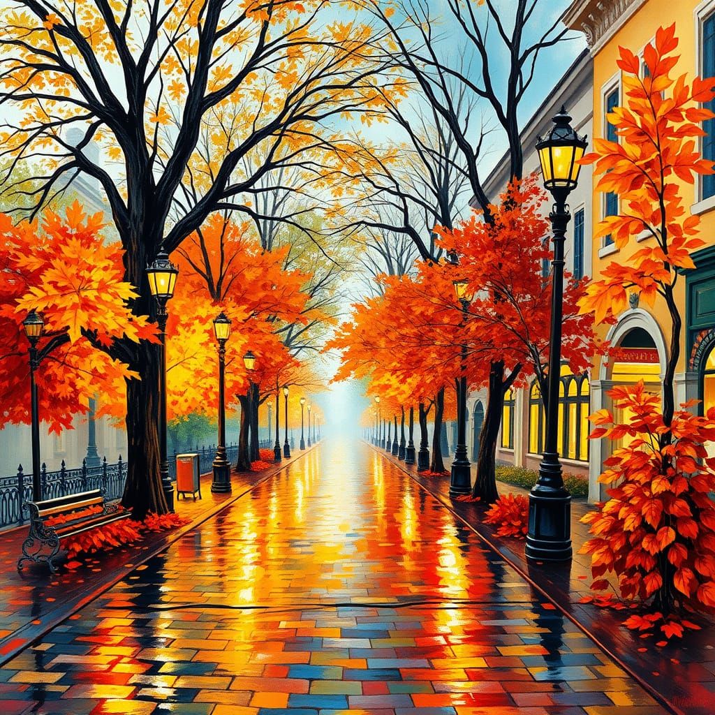 Vibrant Autumn Street Scene in Gouache