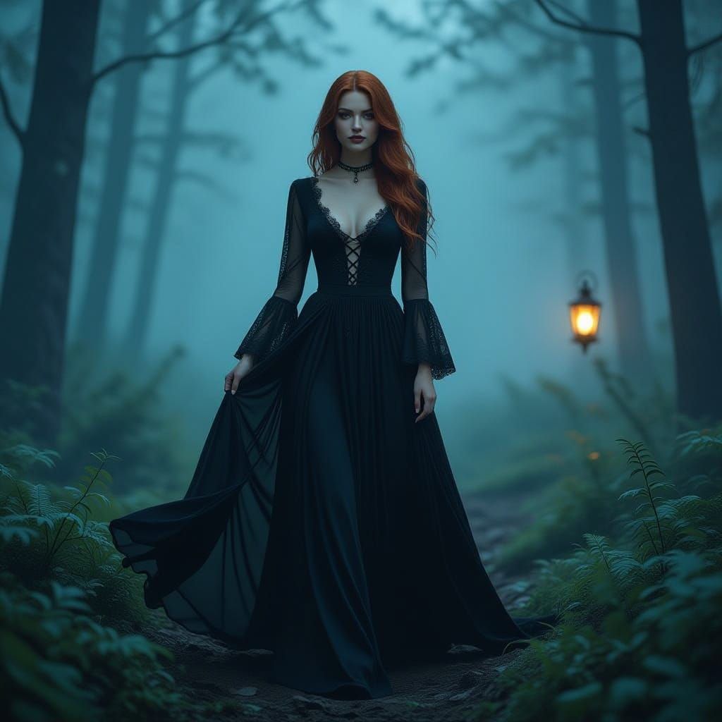 Mysterious Woman in Twilight Forest, in Photorealistic Digit...