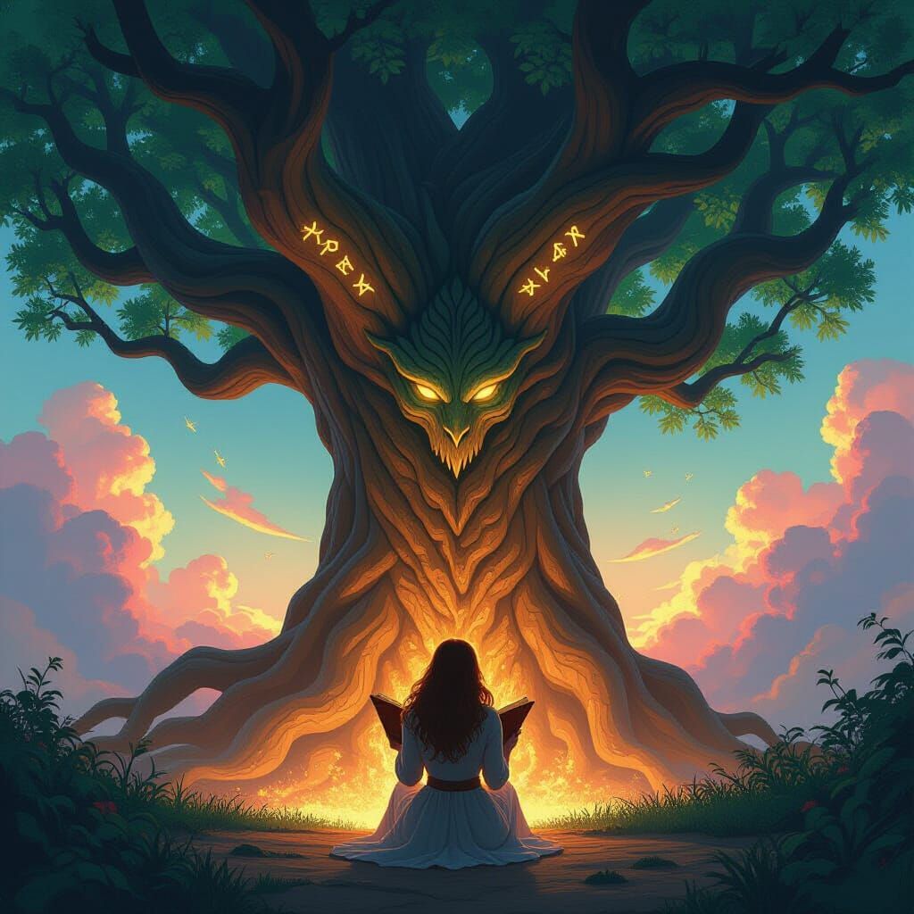 Mythical Tree & Reader in Hyperrealistic Splash Art Style