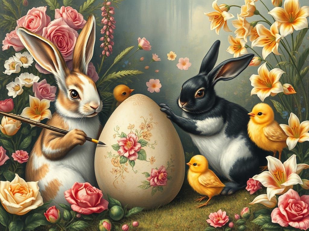Rabbits and Chicks Painting Easter Eggs: Whimsical Fairy Tal...