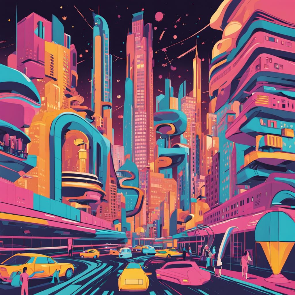 Vibrant Blob-Shaped Icon with Stylized Cityscape in Memphis ...