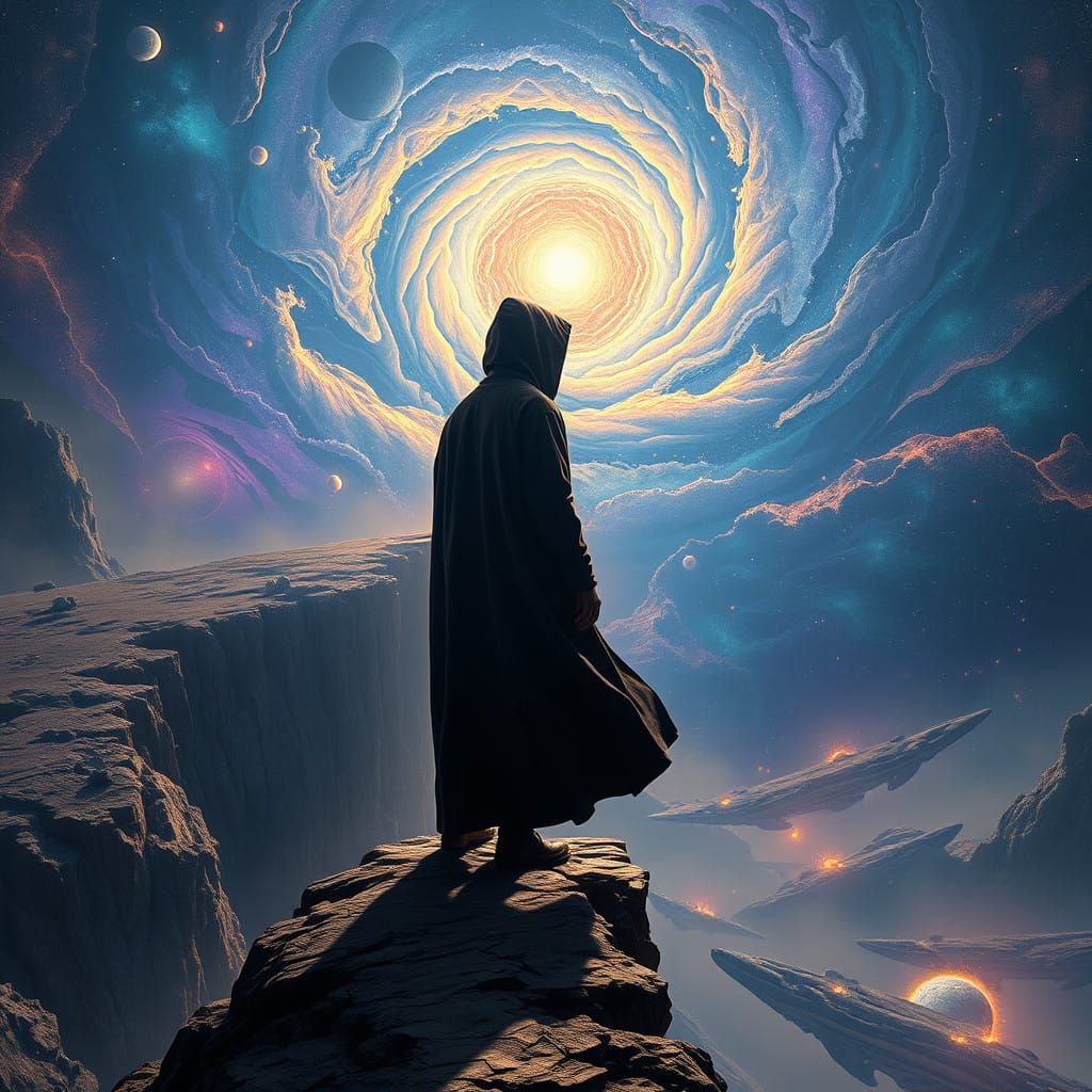 Mysterious Figure Contemplates Multiverse in Cosmic Dreamsca...