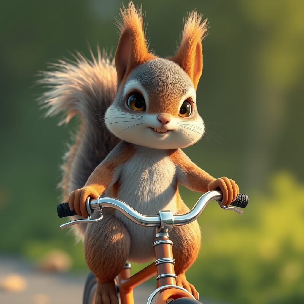 Cute Squirrel Rides a Bicycle in 3D Anime Art