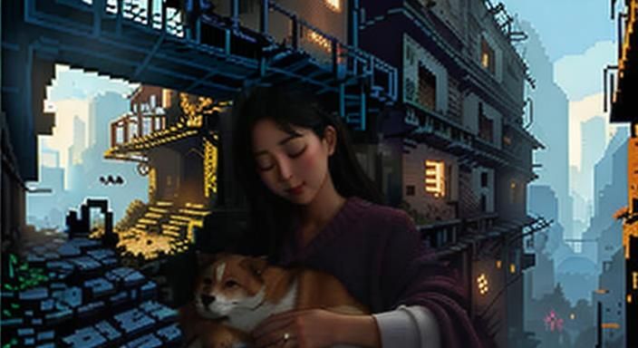 Pixel Art City Ruins with Blue Ladder