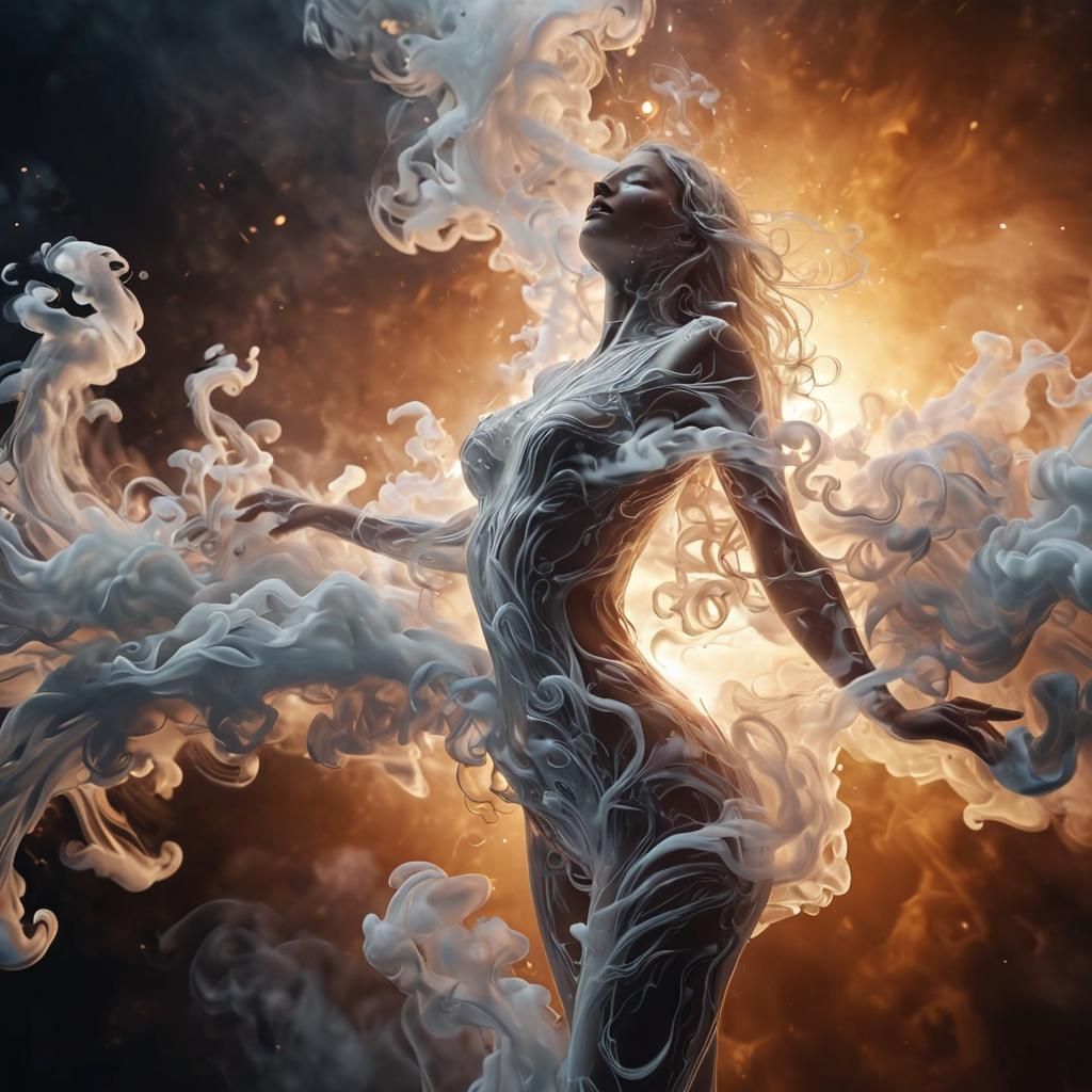 Smoke Woman Digital Matte Painting in Liquid Chrome