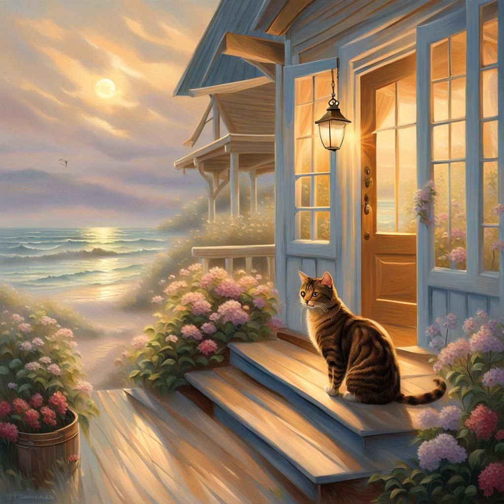 Whimsical Coastal Cottage Scene with a Tabby Cat