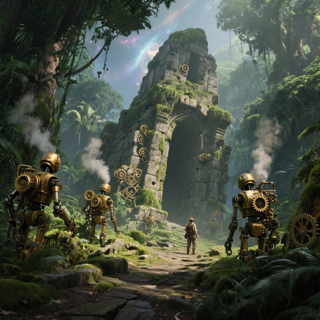 Ancient Jungle Ruin Patrolled by Steampunk Automatons