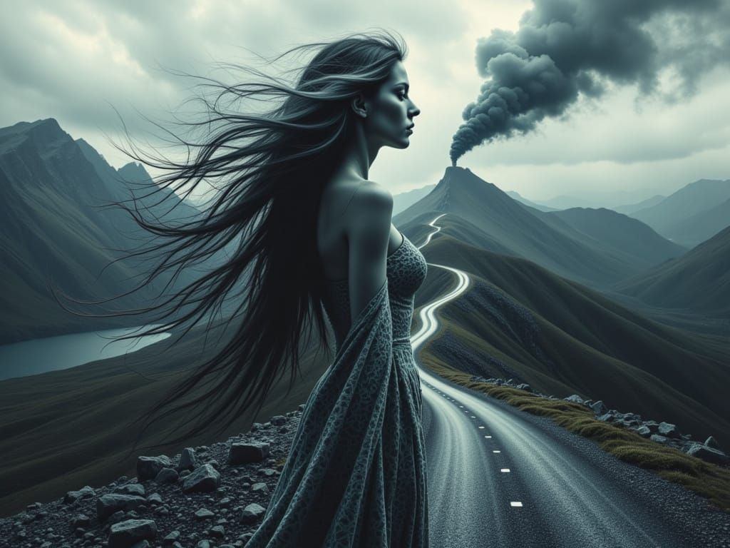 Double Exposure Portrait on Mountain Road