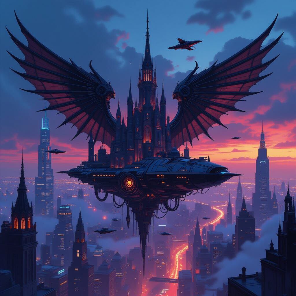 Cyberpunk Castle Soars Through Neon City