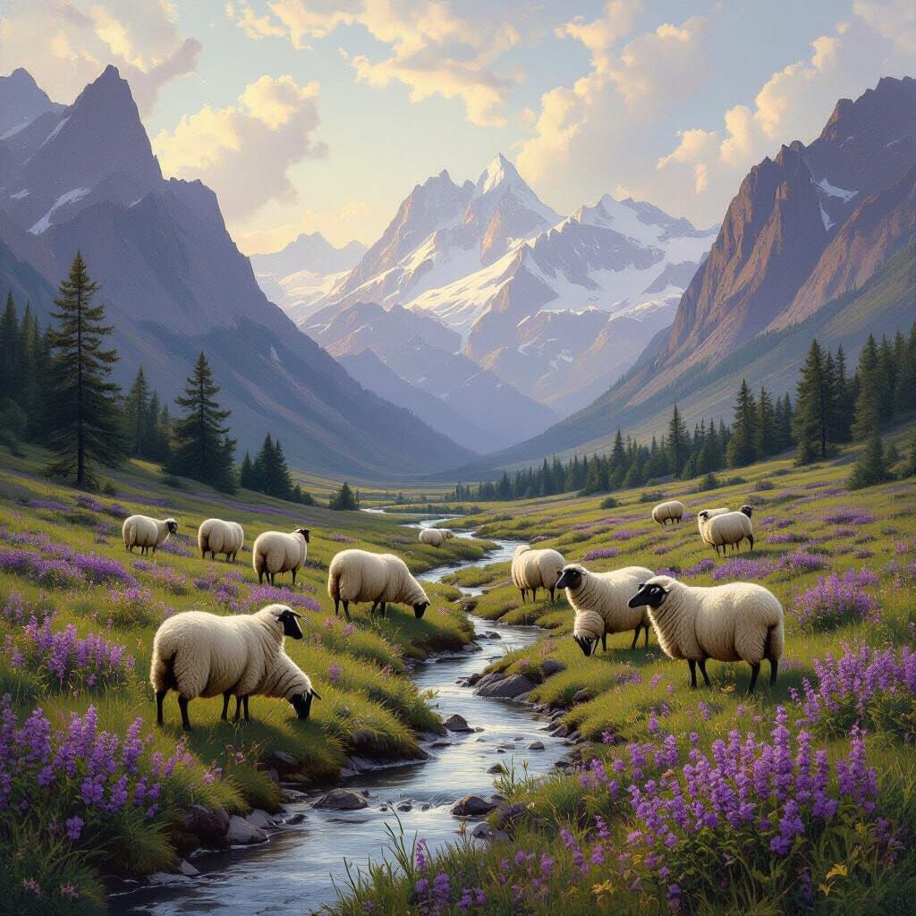 Sheep Graze in Mountain Valley: Bierstadt Style