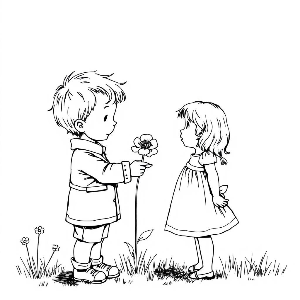 Charming Line Art: Boy Offering Flower to Girl