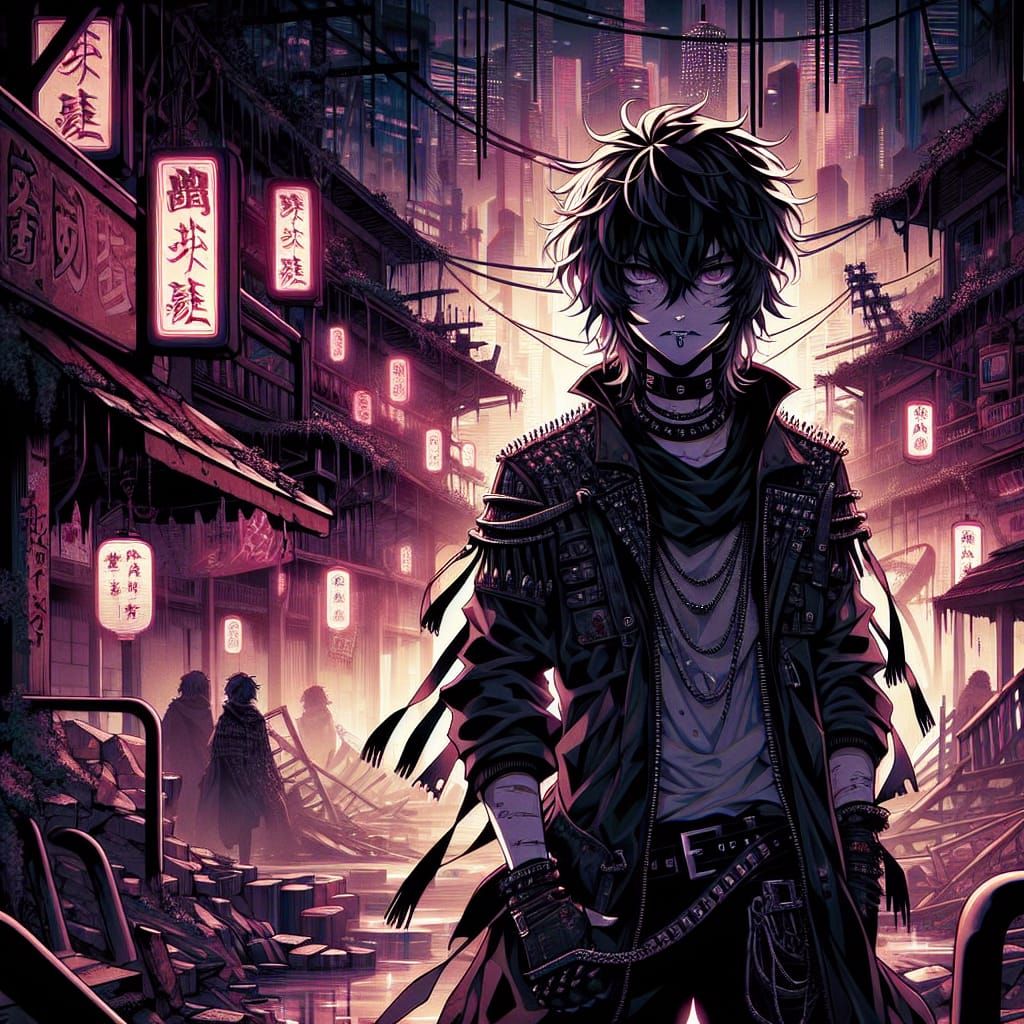 Dystopian Goth Rocker in Ruined City
