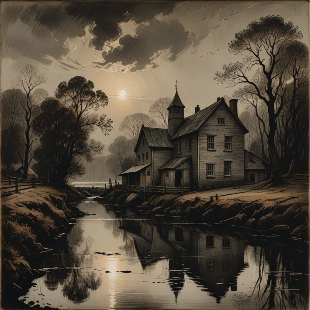 Autumn Mill by River in Expressive Black and White Etching S...