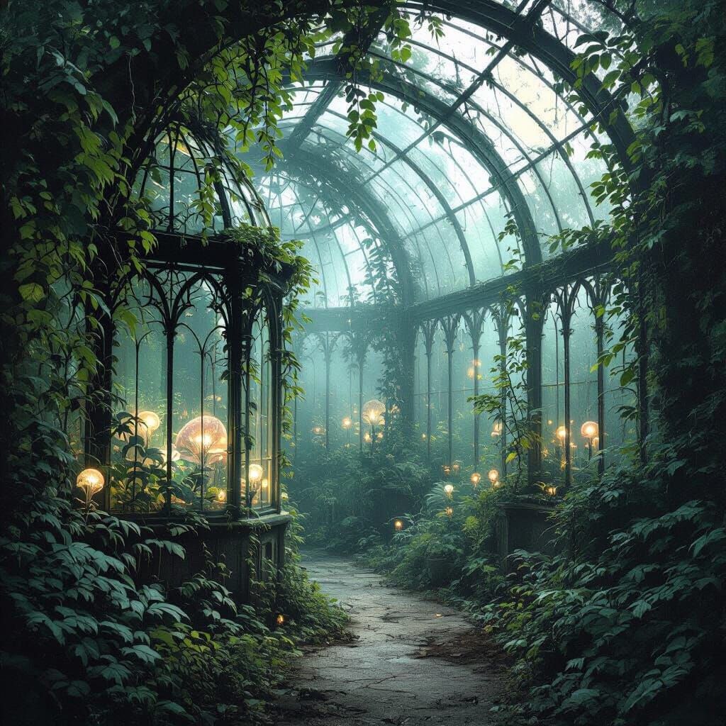 Bioluminescent Flora in Overgrown Victorian Greenhouse