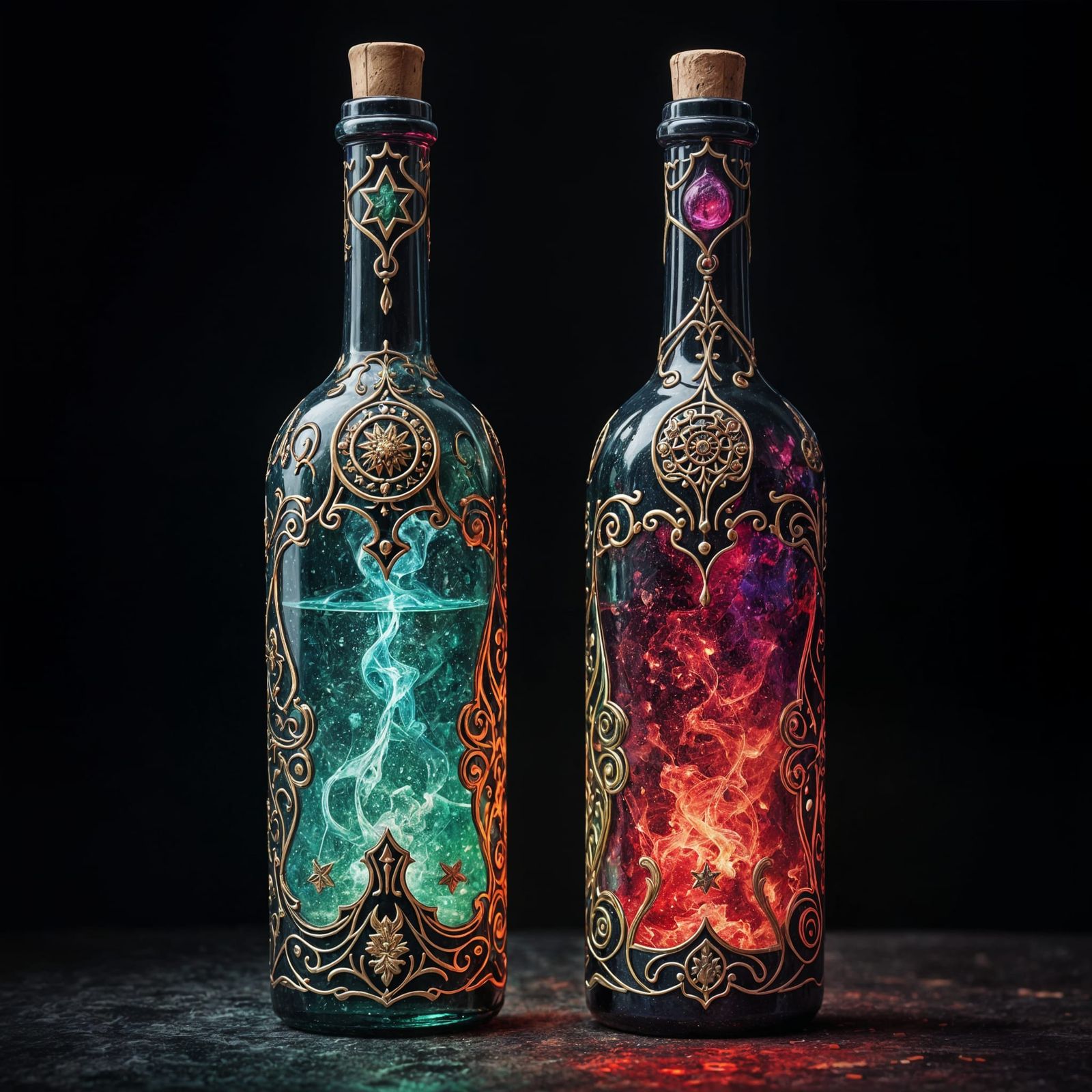 Ornate Wine Bottles in Dark, Arcane Setting