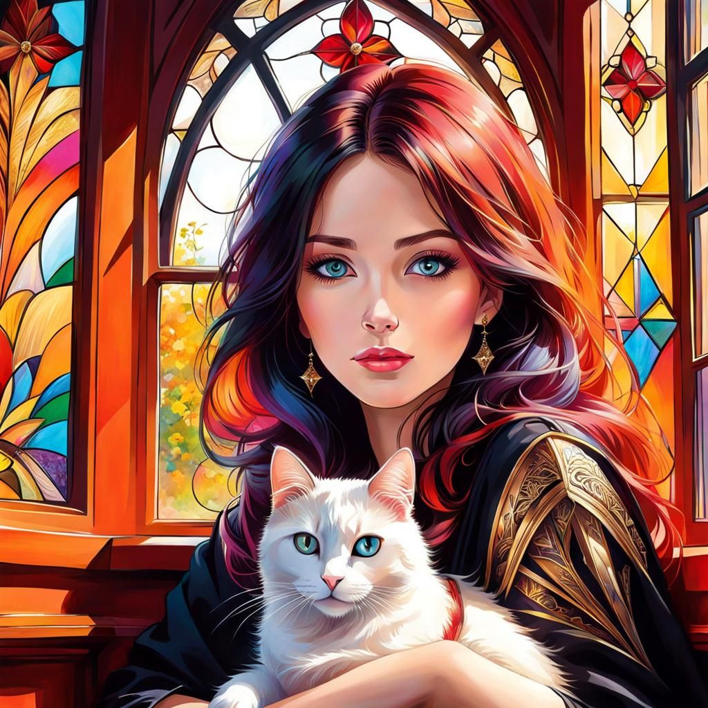 Woman and Cat on Windowsill with Vivid Colors