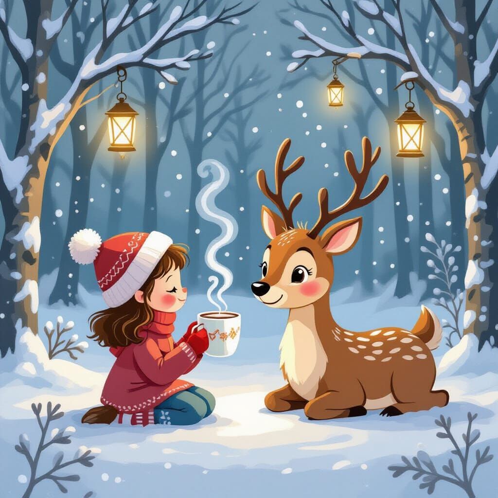 Girl Shares Hot Chocolate With Reindeer in Magical Forest