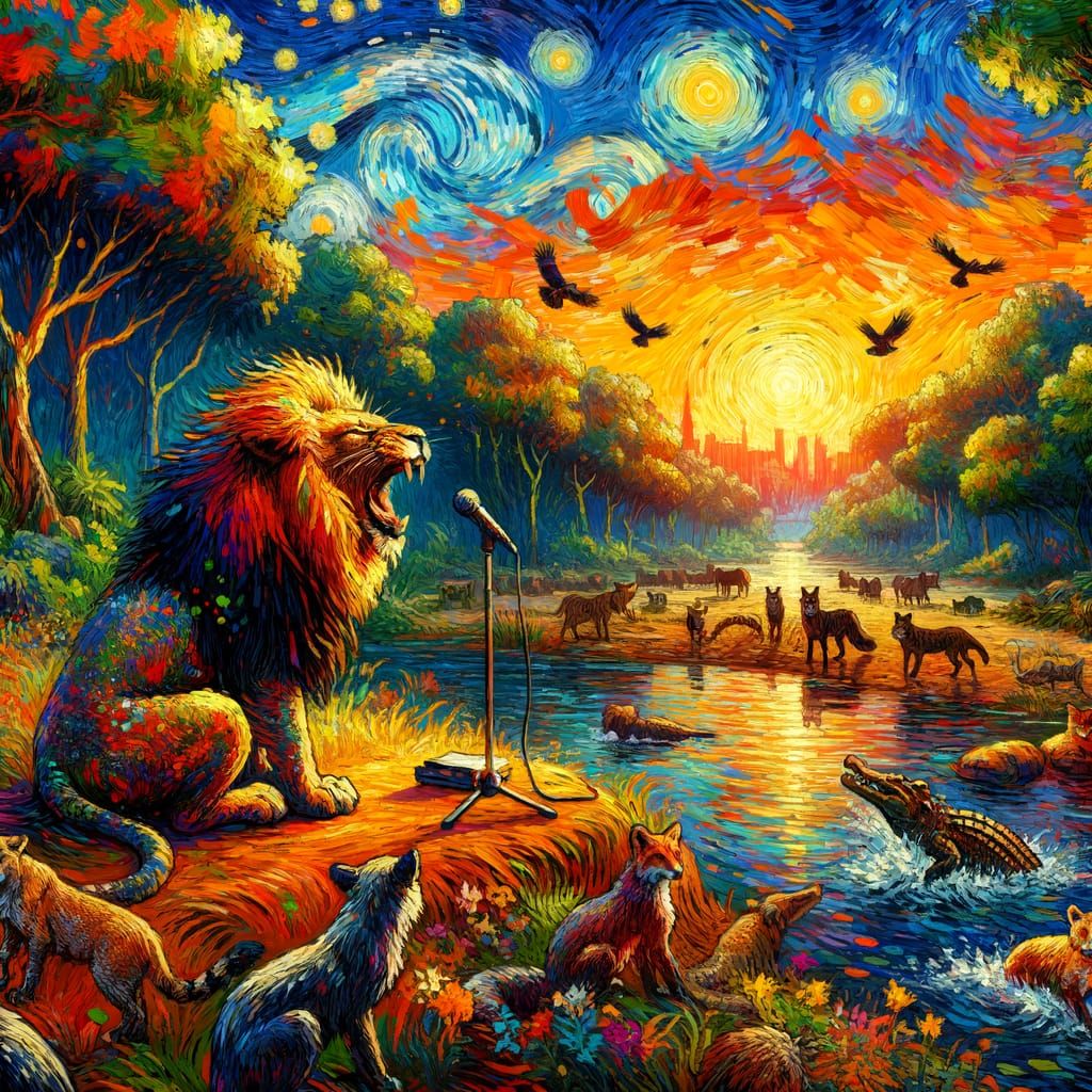 Lion Rapping to Jungle Animals in Van Gogh Style