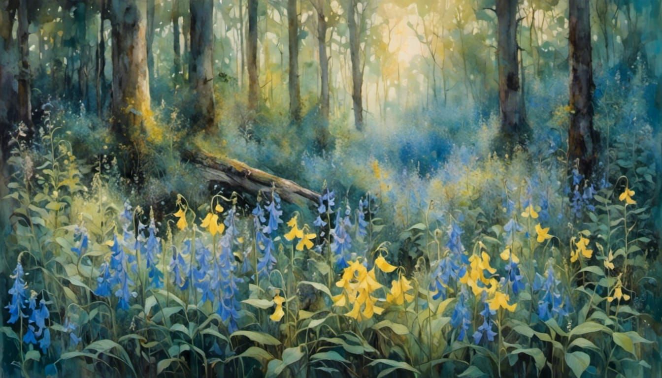 Bluebell in Evening Light: A Surrealist Gouache Masterpiece