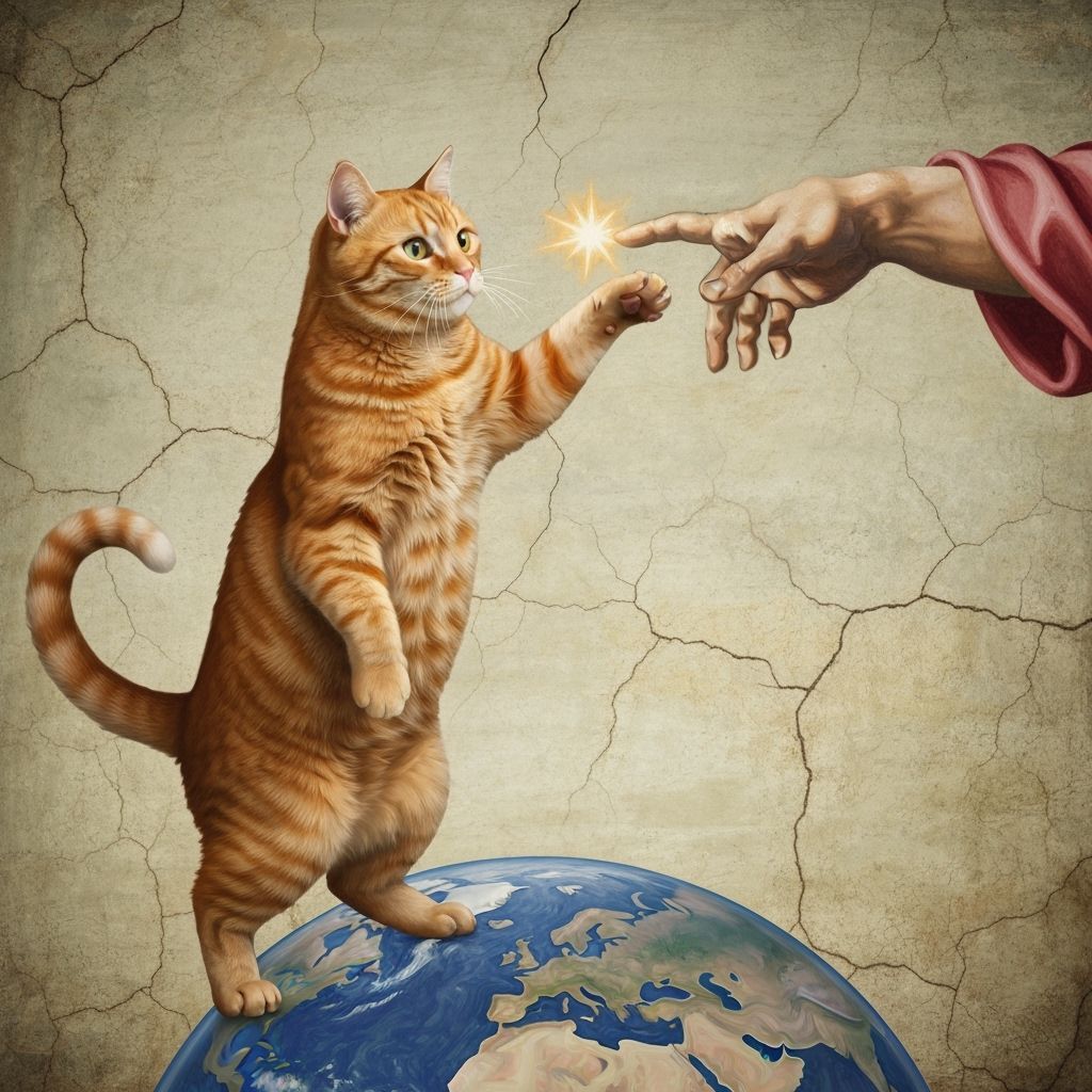 Tabby Cat Reaches for God on Earth in Renaissance Style