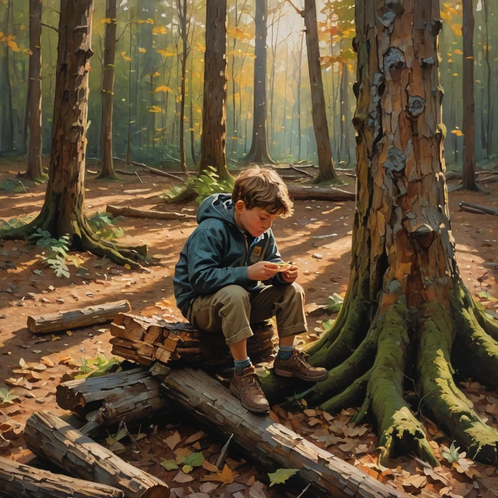 Boy Eating Granola Bar in Impressionist Forest