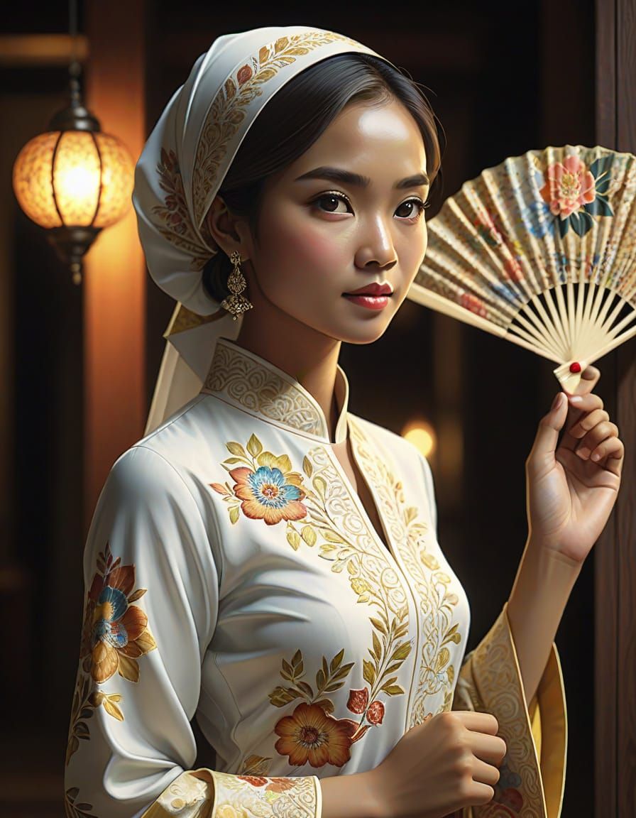 Graceful Malay Woman in Traditional Attire Holding Fan