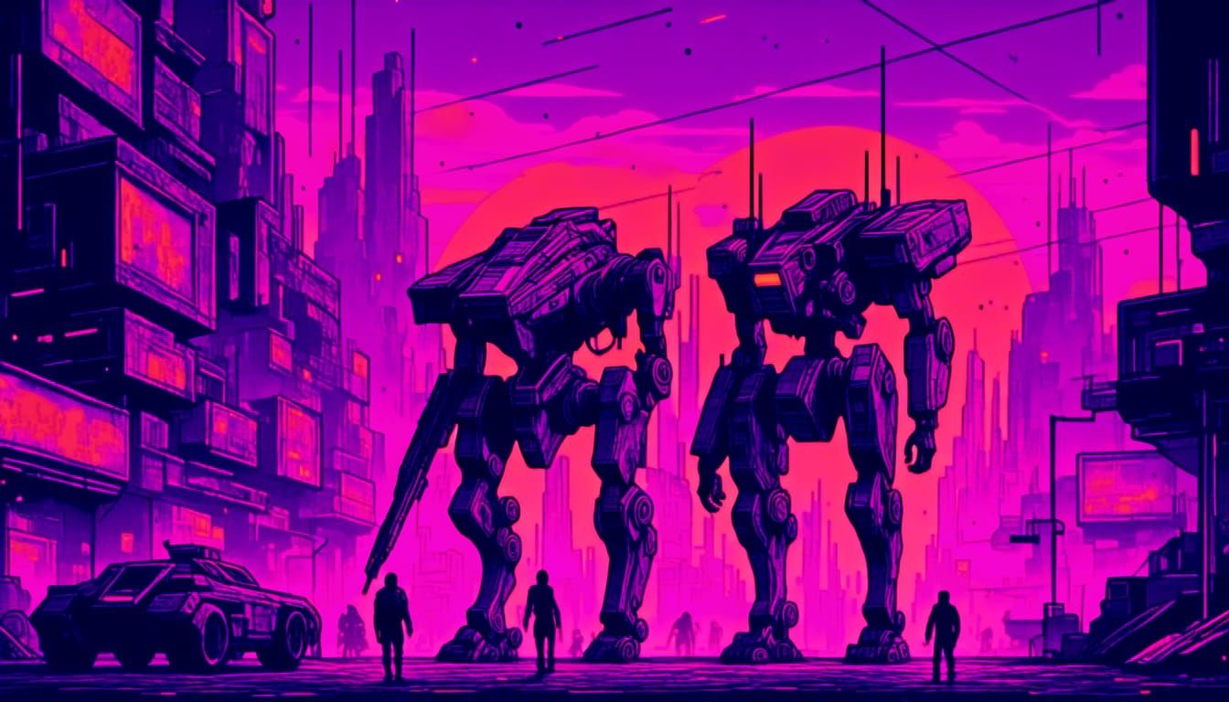 Cyberpunk Cityscape with Purple Sky and Orange Lights
