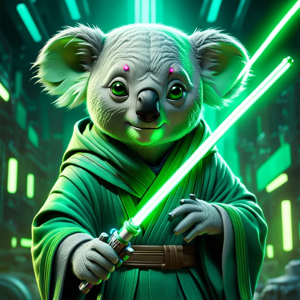 Koala Jedi Knight with Lightsaber in 3D