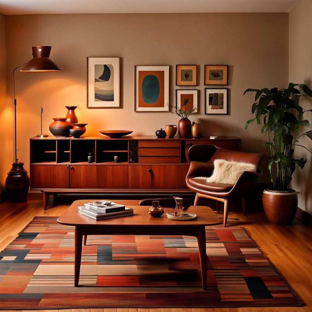 Mid-Century Modern Living Room at Dusk