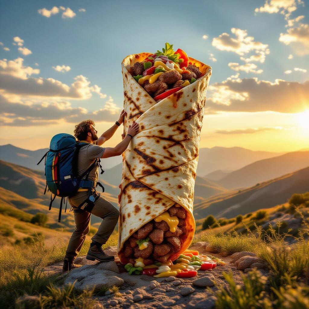 Epic Adventure: Man Climbs Giant Shawarma Mountain at Golden...