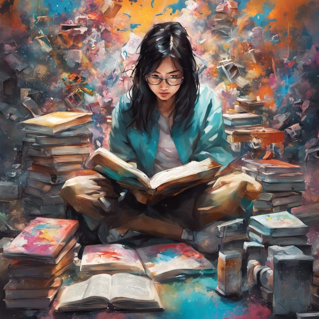 Asian Scientist Reading: Graffiti Art with Gouache Effects