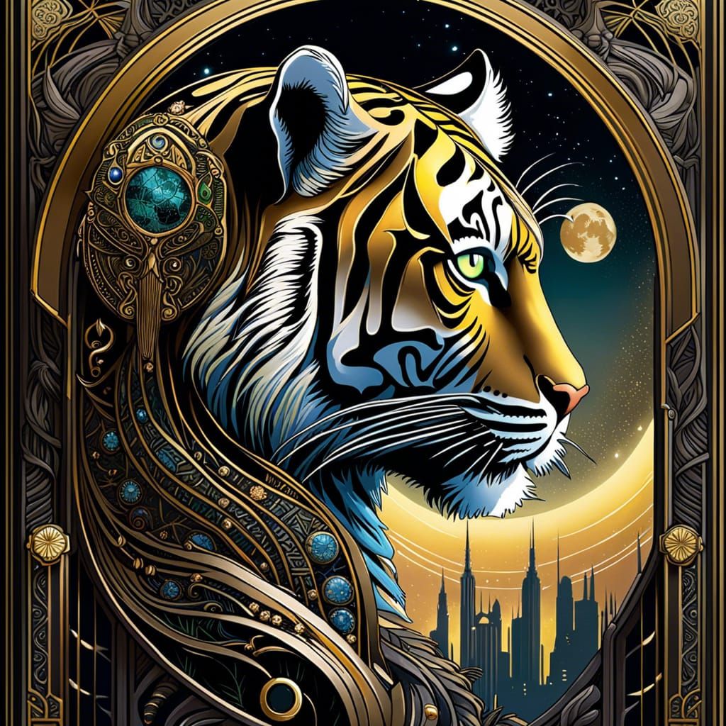 Cyberpunk Tiger Tarot Card in Art Nouveau Style