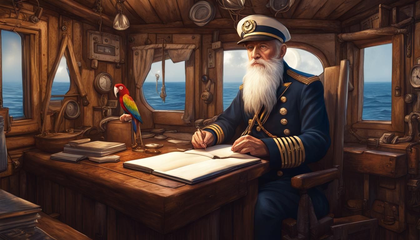 Bearded Captain Journaling Onboard Ship: Matte Painting