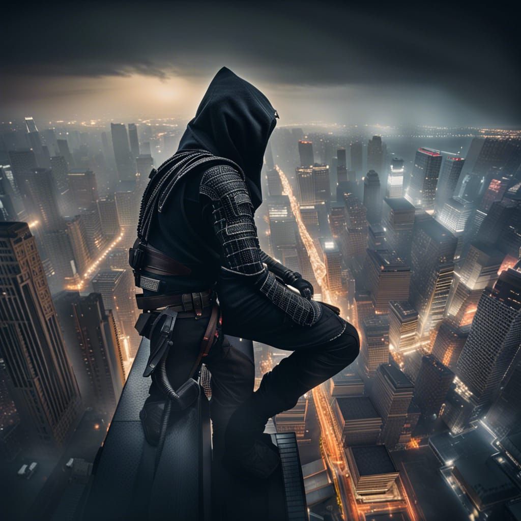Ninja on Skyscraper: Hyperrealistic Cinematic Composition