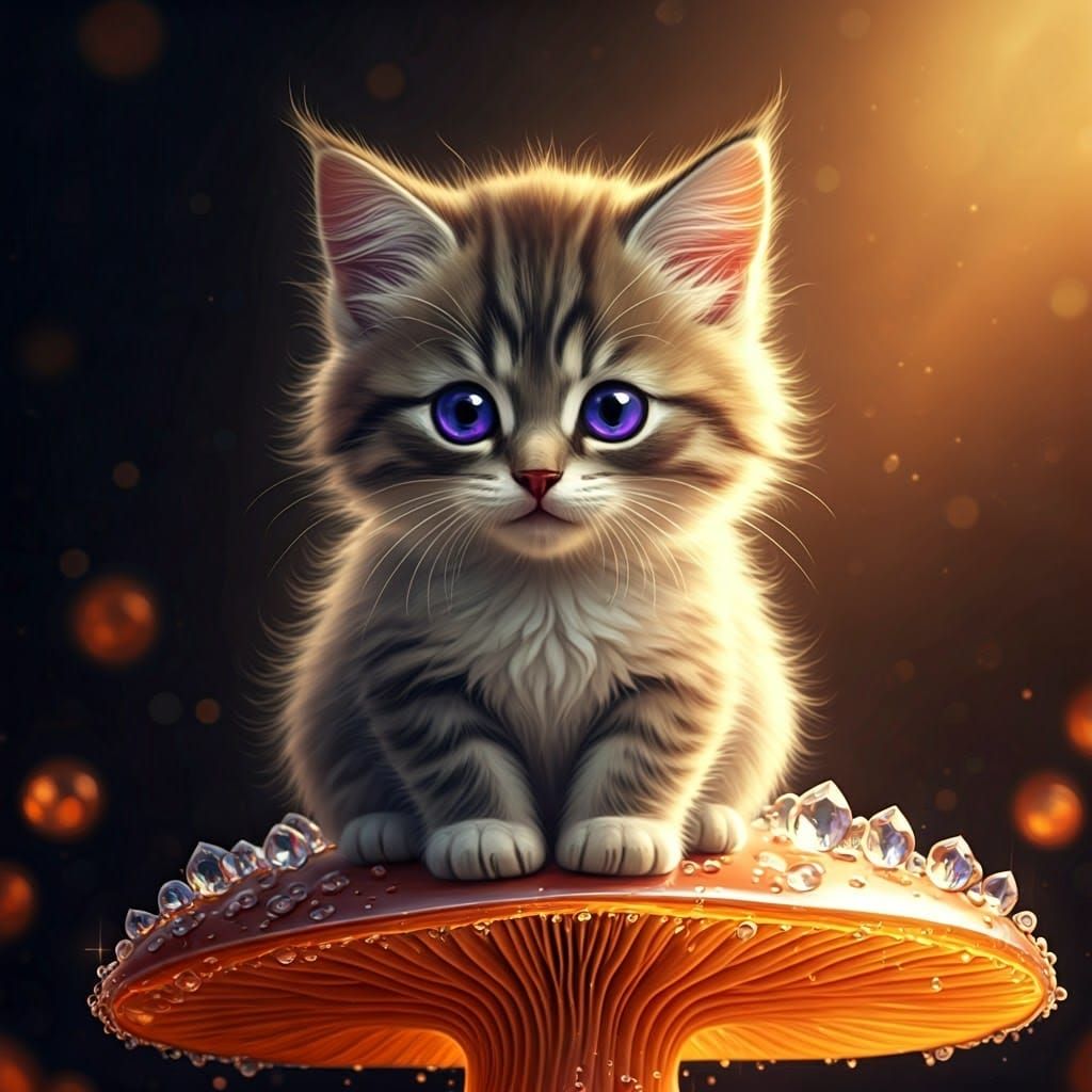 Cute Kitten on Crystal Mushroom: Digital Art