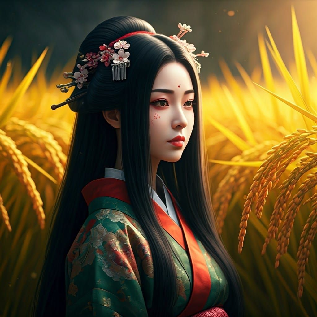 Kushinadahime Goddess in Lush Rice Farm Landscape