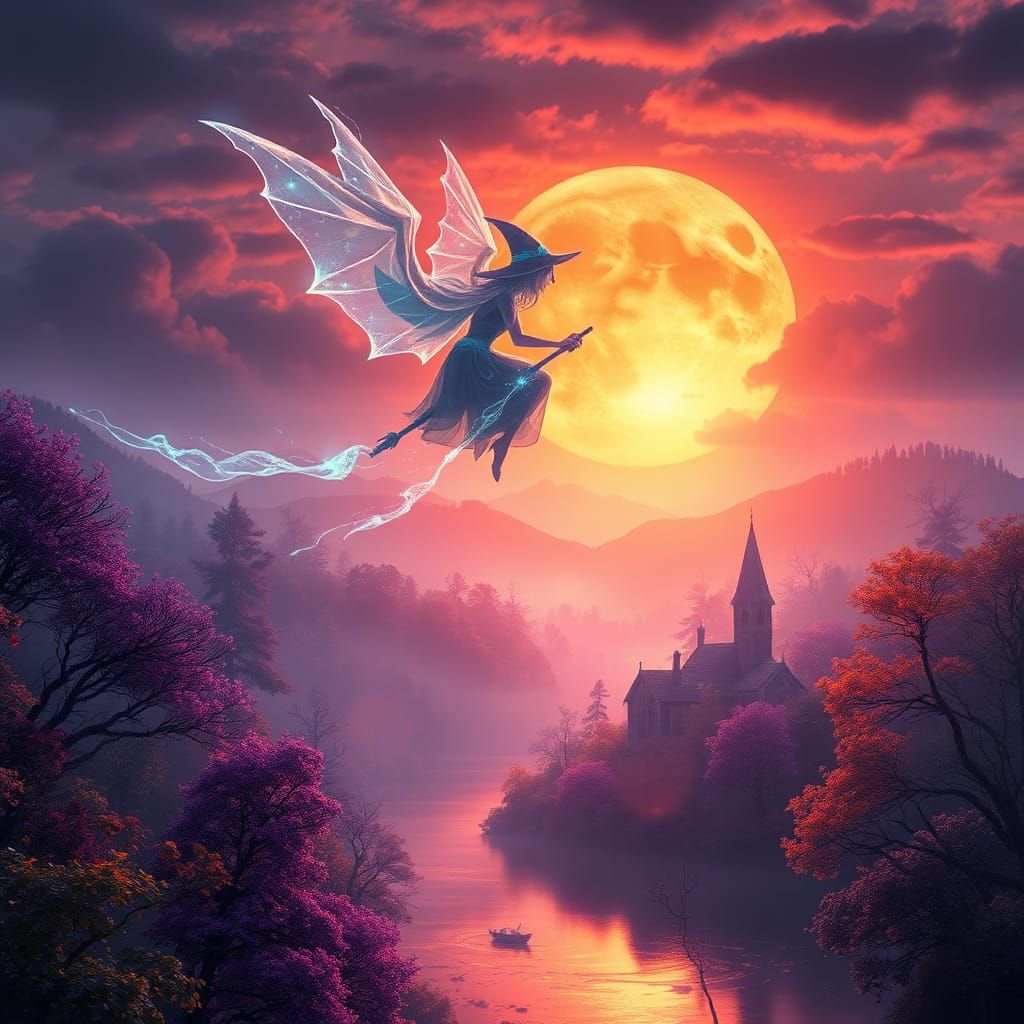 Ethereal Witch Over Sunset Town: Fantasy Art
