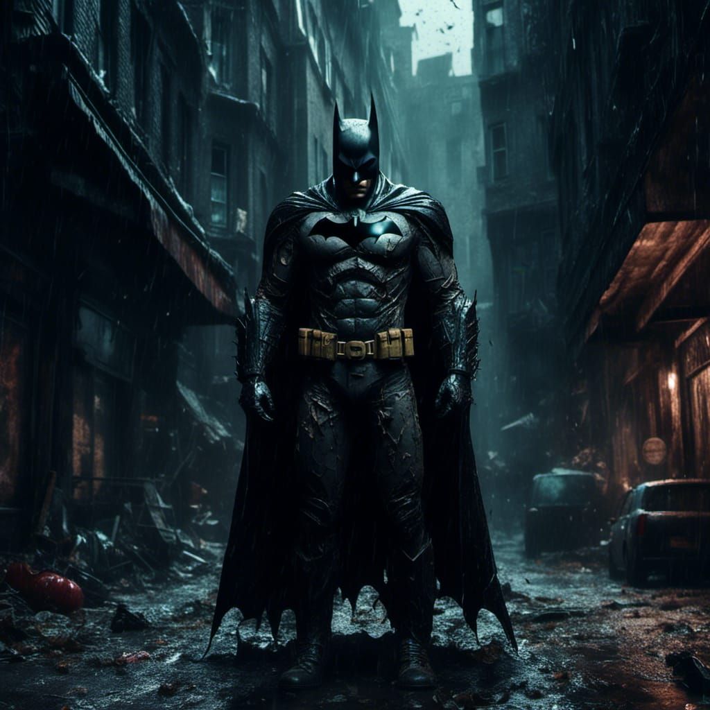 Monstrous Batman in Ominous Alleyway: Dark Fantasy Art