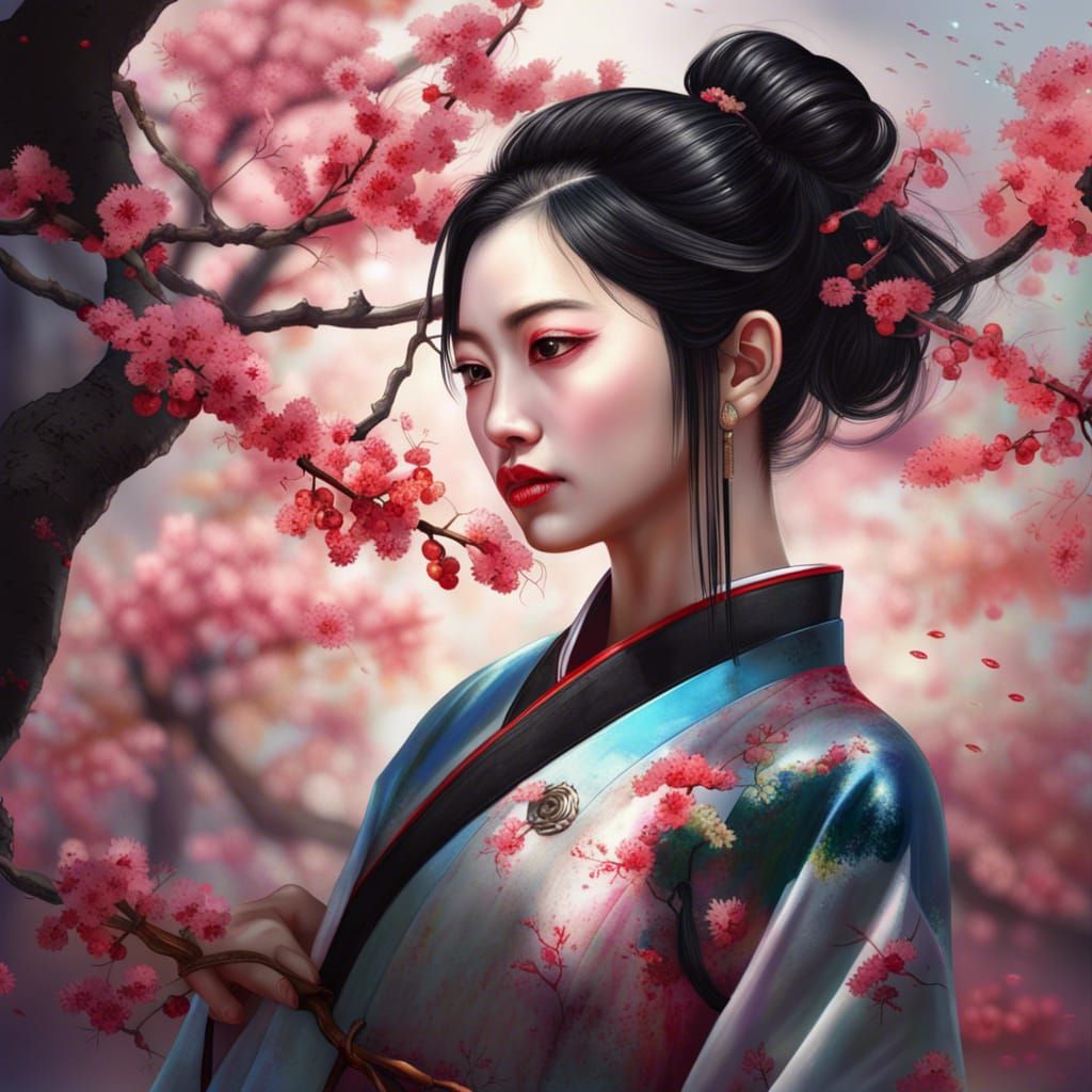 Chinese Woman in Traditional Dress with Cherry Tree