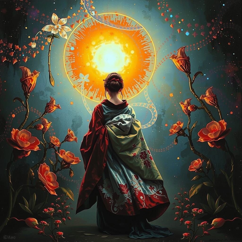 Elegant Geisha Amidst Luminous Otherworldly Flora
