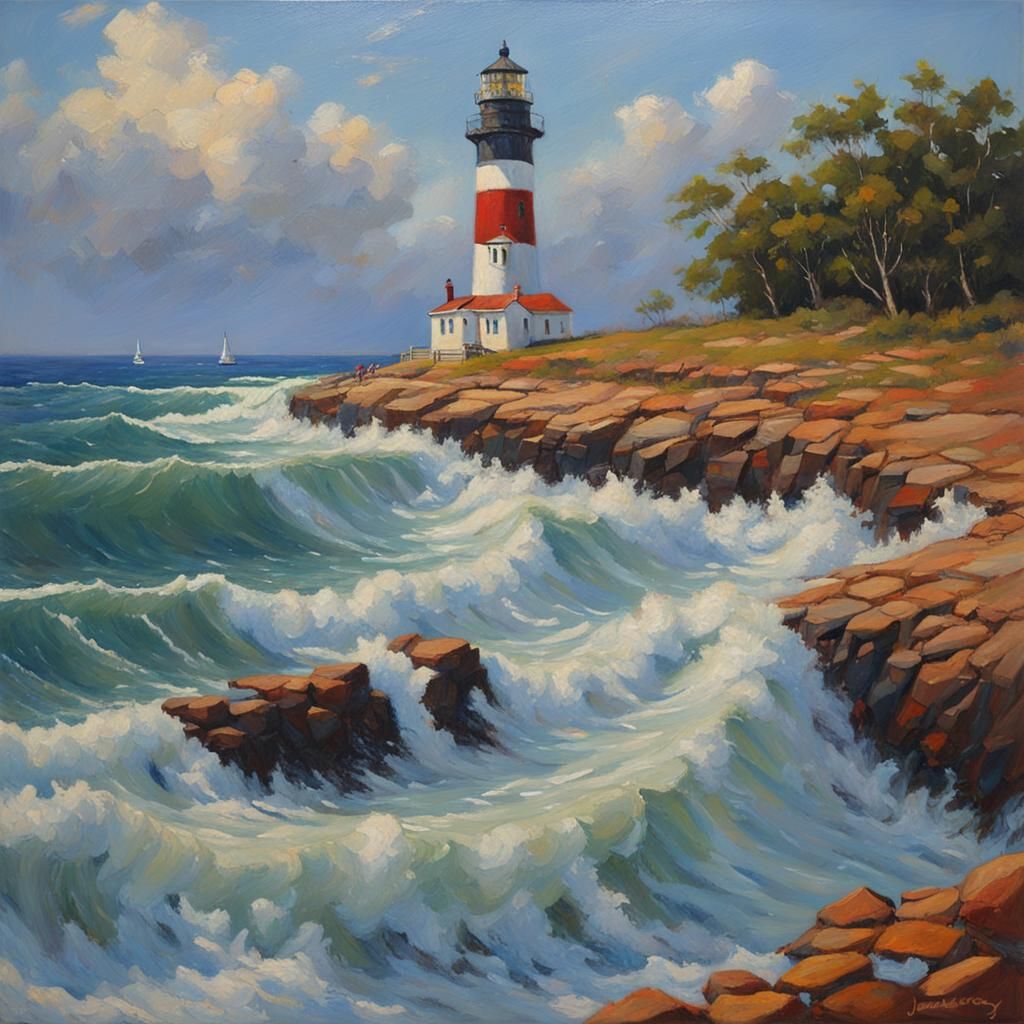 Lighthouse Guiding Ships: Oil Painting