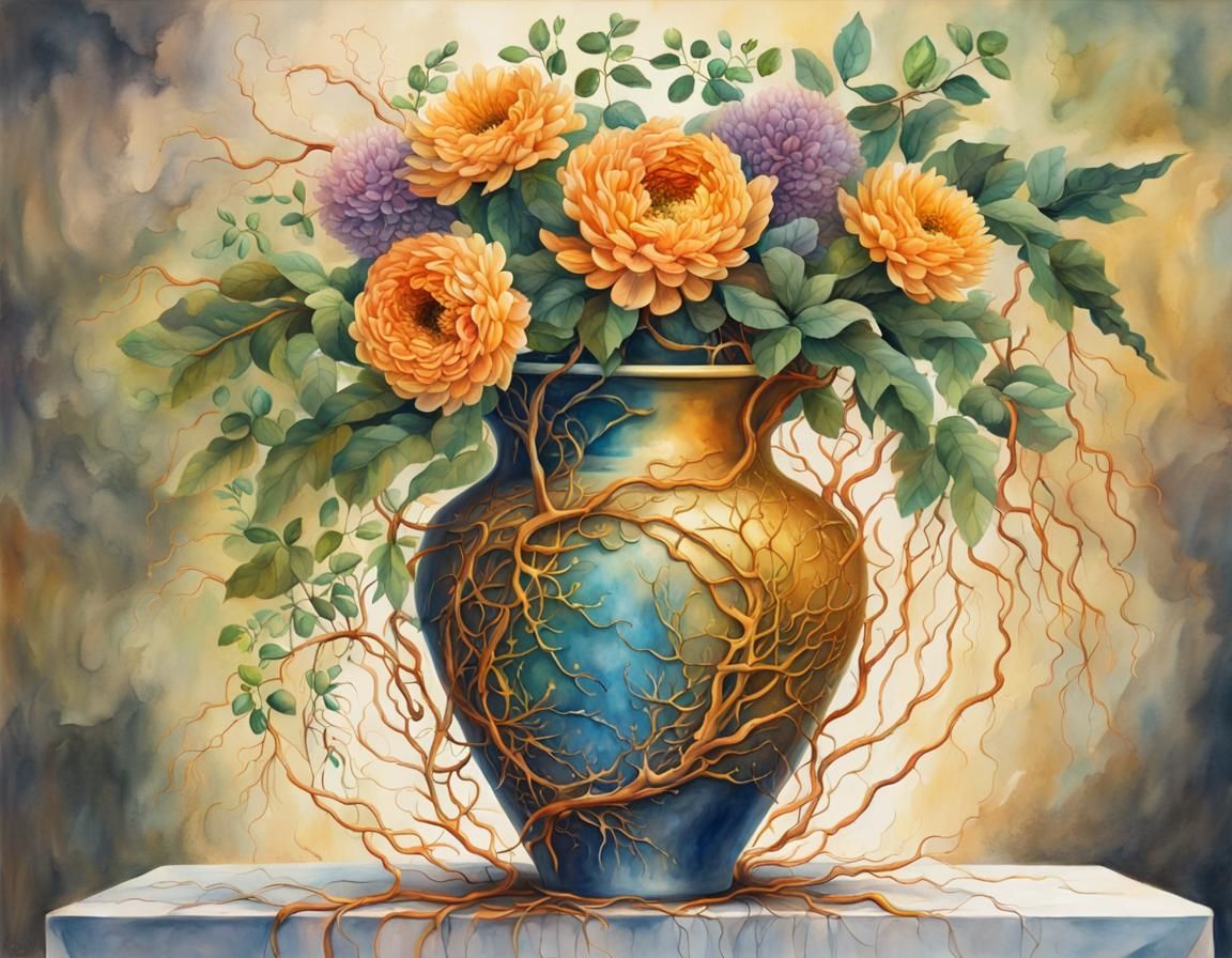 Hyperrealistic Roots Entwined in Broken Space Vase