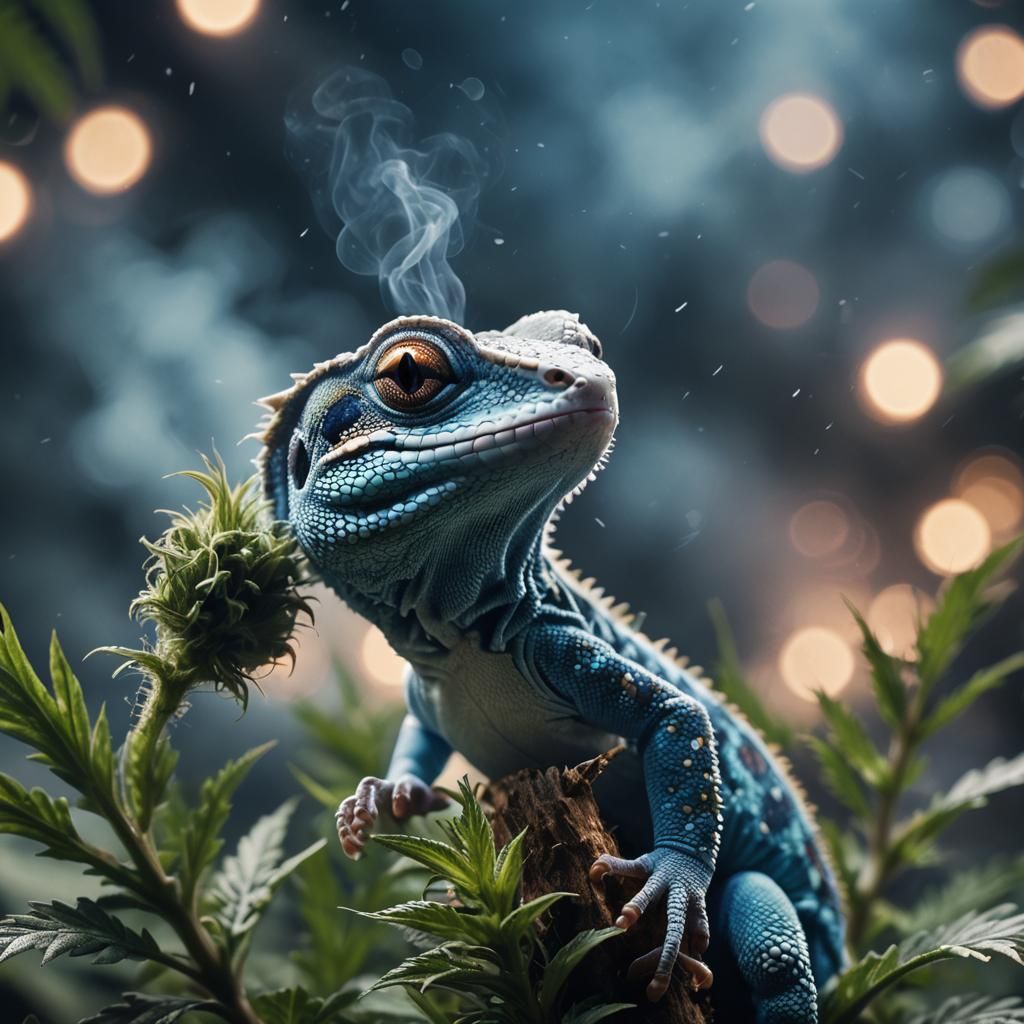 Cute Gecko on Cannabis Plant in Jungle