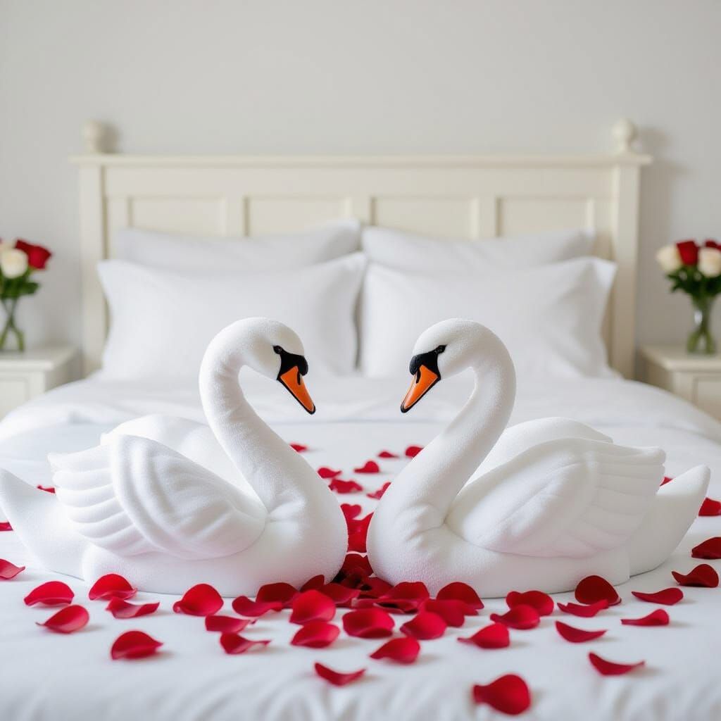 Romantic White Bedroom with Swan Towels and Rose Petals
