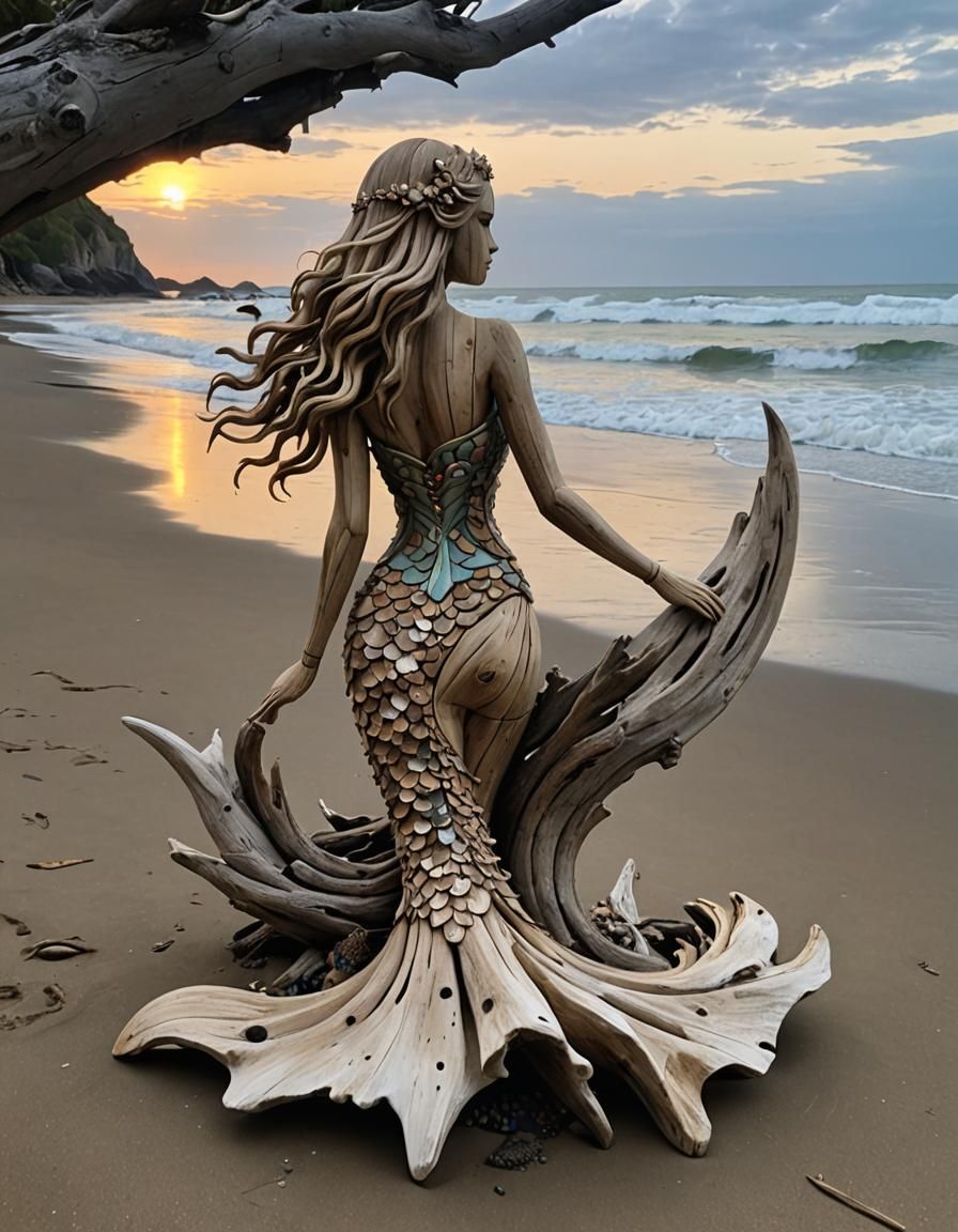 Driftwood Mermaid Sculpture on the Beach