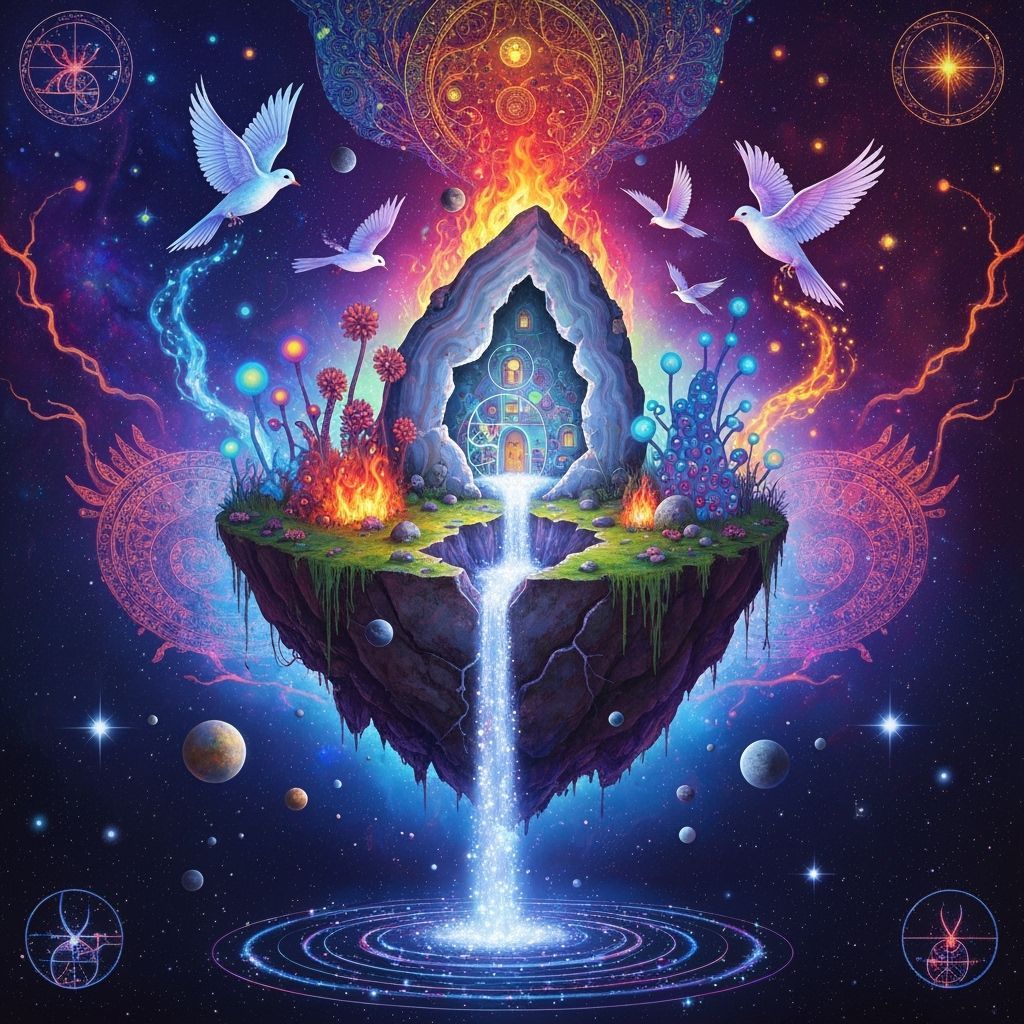 Gemstone House on Cosmic Islands with Ethereal Birds